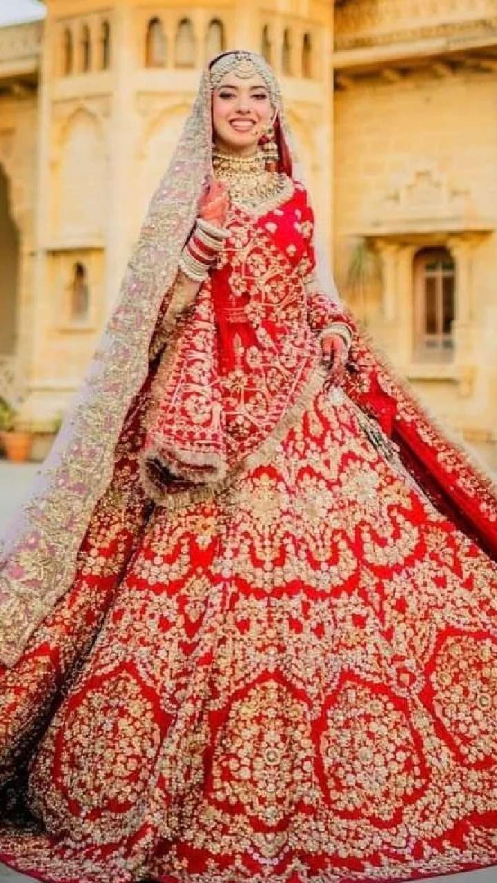 Orange red shaded velvet embroidered heavy designer Indian wedding lehenga  choli 4706
